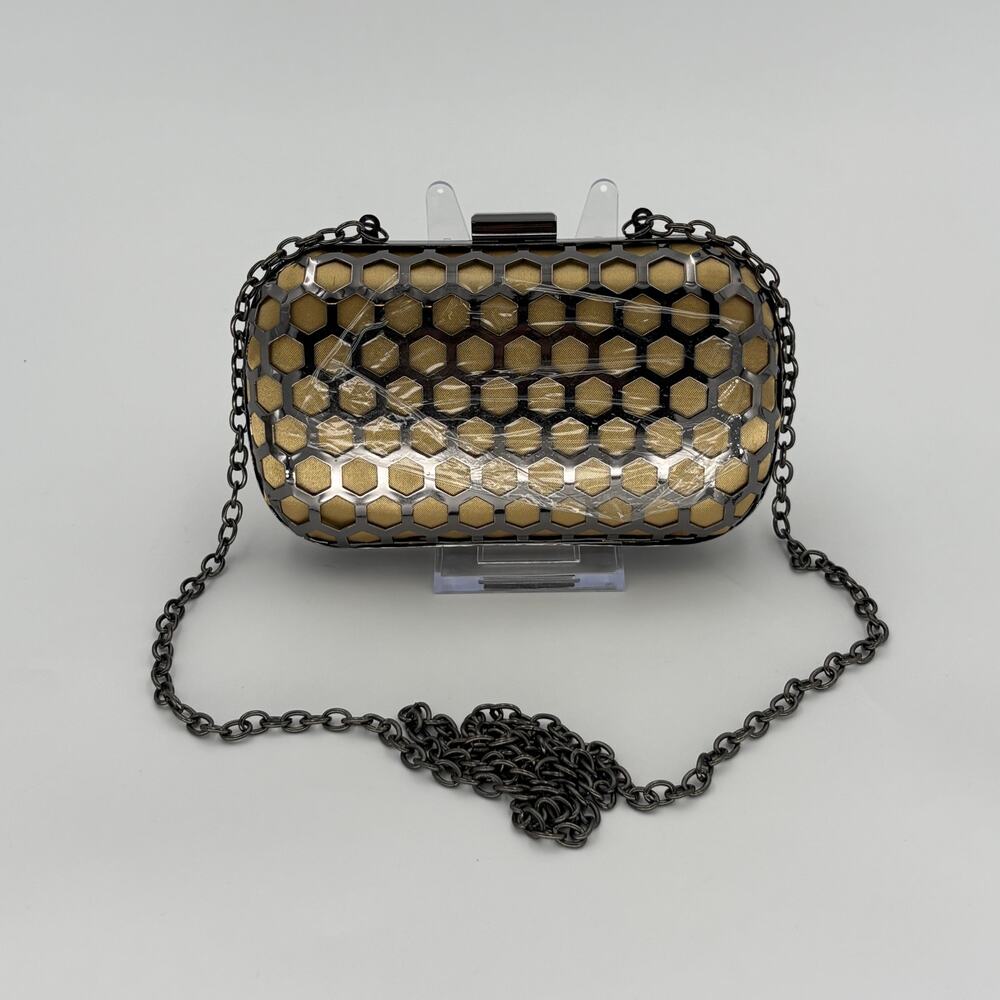 Expressions NYC Honeycomb Box Clutch Gunmetal Grey Metallic Gold Evening Bag